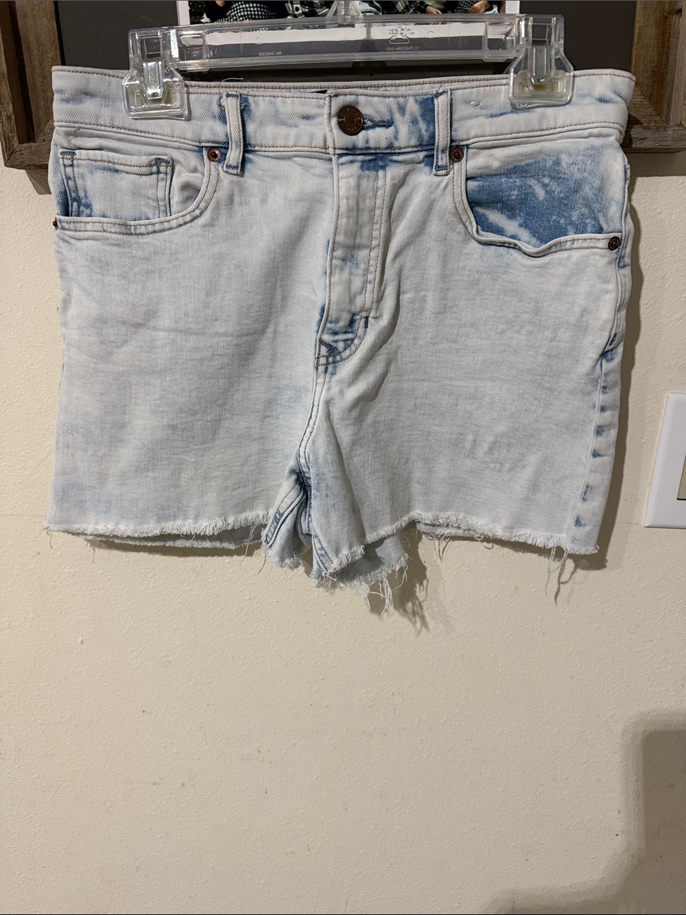 Express Light Acid-Wash Midi High Rise Denim Cutoff Shorts - Blue & White